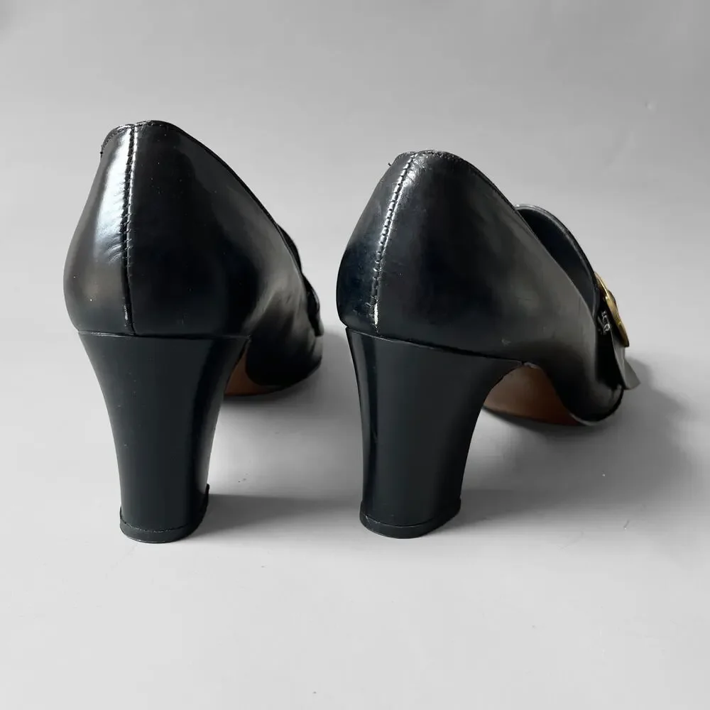 60s 70s Buckle Shoes MCM Low Heel Pilgrim Square Toe Front Row Chunky Heel 9AA